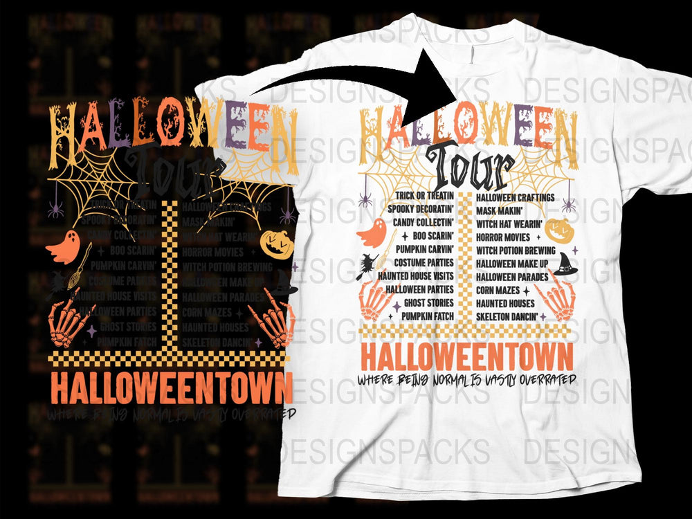 Halloween Town T-Shirt, Spooky Pumpkin and Bat Design, Unisex Holiday Tee, Black and Orange