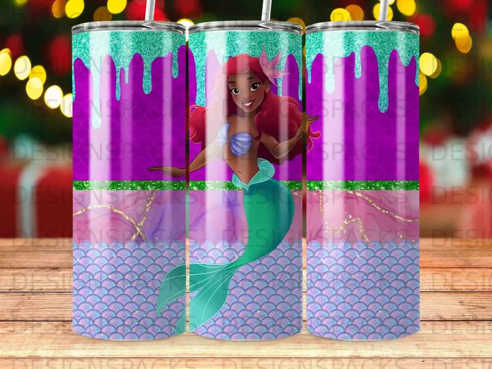 Ariel from The Little Mermaid on a sparkly tumbler with a dripping effect.