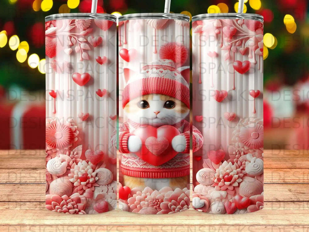 Cute cat in a winter hat holding a heart, surrounded by flowers.