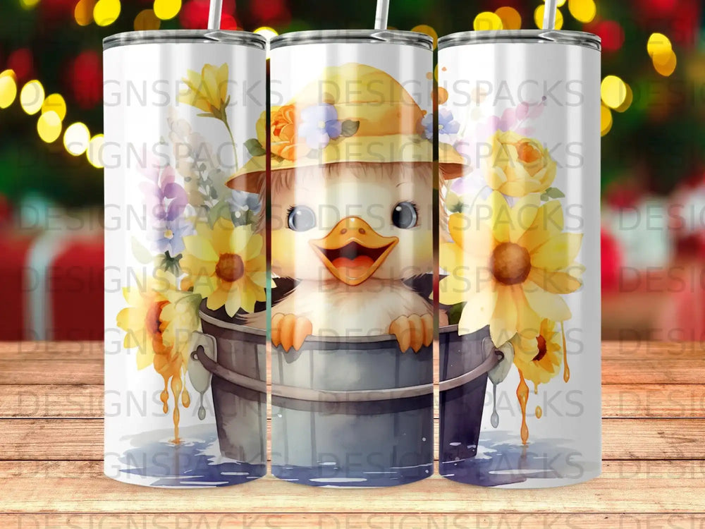 Watercolor chick in a bucket surrounded by sunflowers, with a repeating watermark.