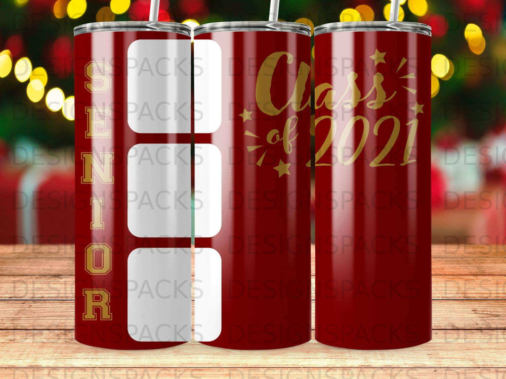 Red tumbler with "Class of 2021" in gold glitter and white text.