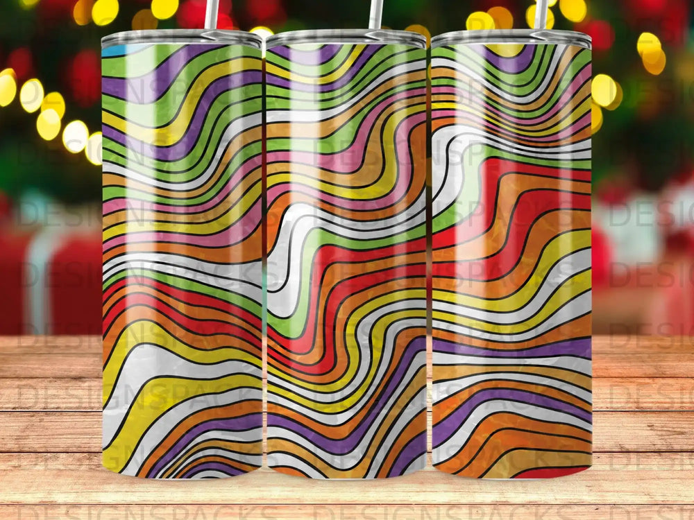 Trio of colorful, wavy abstract pattern tumblers with straws.