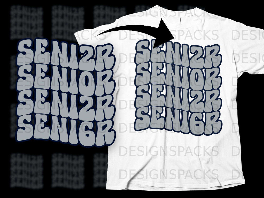 White t-shirt with repeating "SENIOR" text graphic in grey and blue.