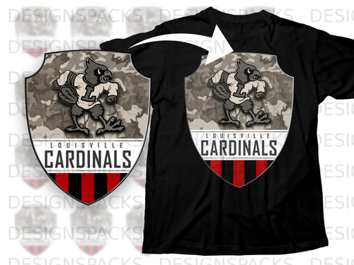 Louisville Cardinals mascot on a shield with camouflage and red and black stripes.