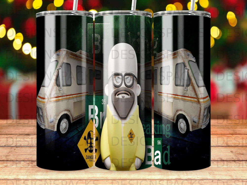 Walter White character in hazmat suit with warning signs and RV background.