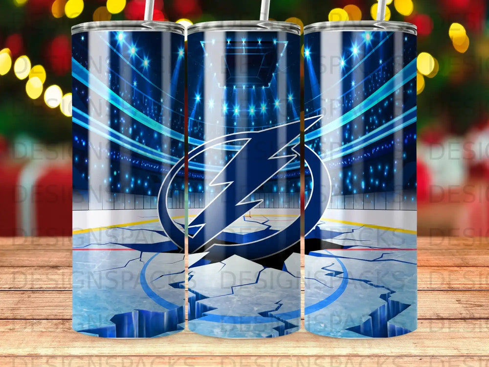 Hockey arena with Tampa Bay Lightning logo and cracked ice.