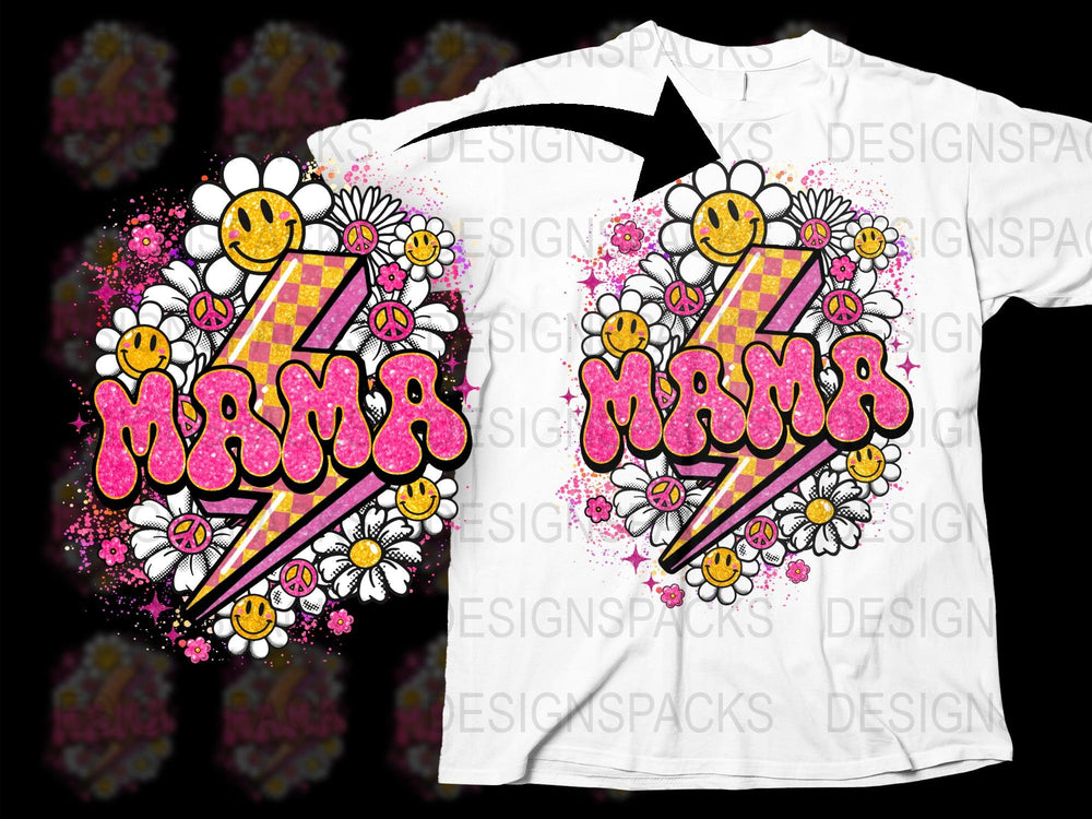 Mama Floral Graphic T-Shirt with Sunflower and Stripes Design, Colorful Spring Tee for Women