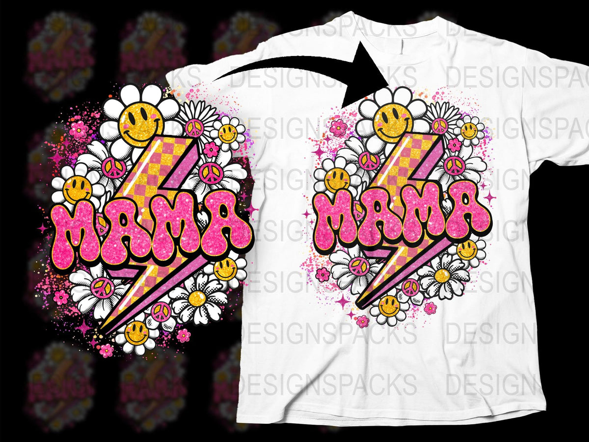 Mama Floral Graphic T-Shirt with Sunflower and Stripes Design, Colorful Spring Tee for Women