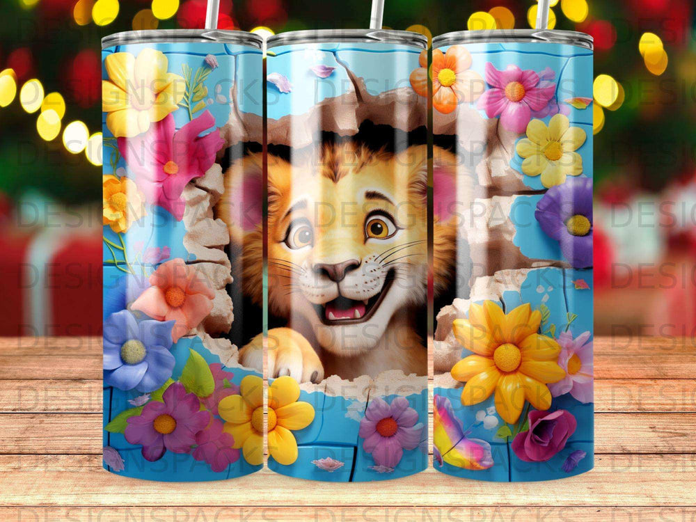 Lion peeking through broken wall with colorful flowers and bokeh background.