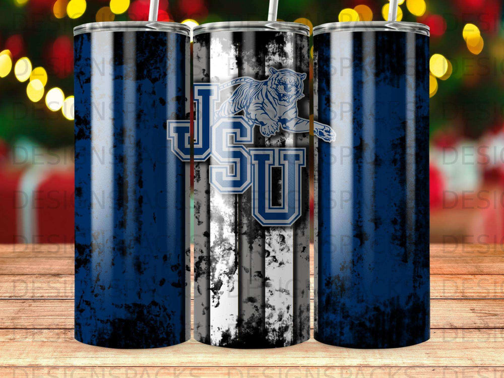 Three tumblers with blue, white, and black stripes and the Jackson State University logo.