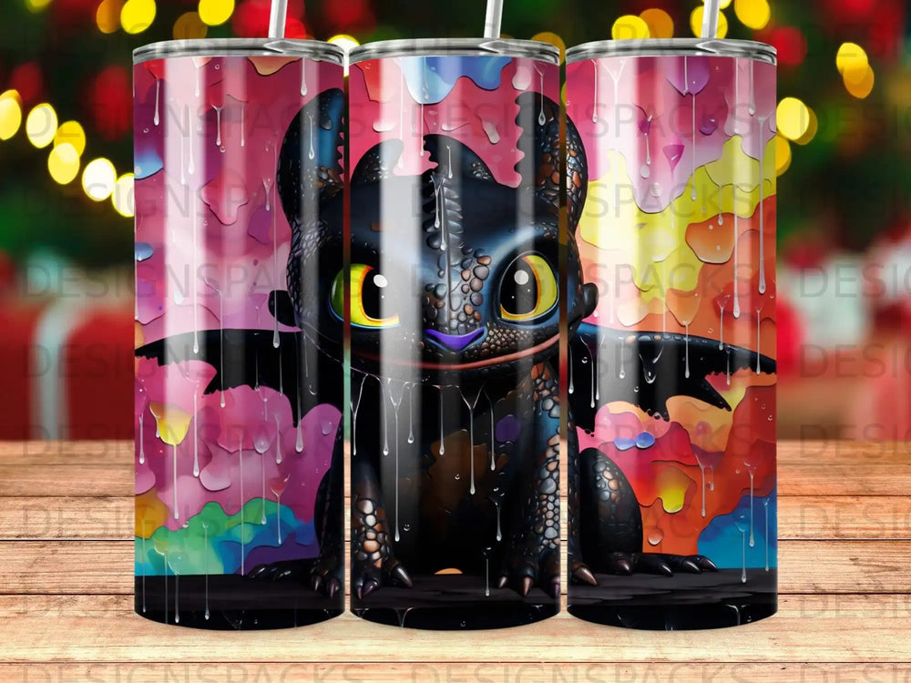 Toothless the dragon with colorful watercolor background on a tumbler.