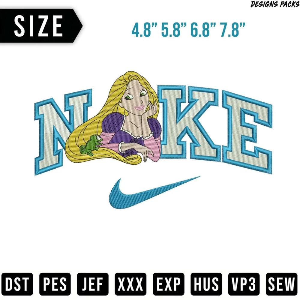 Rapunzel's face within a Nike logo, with size and file format information.