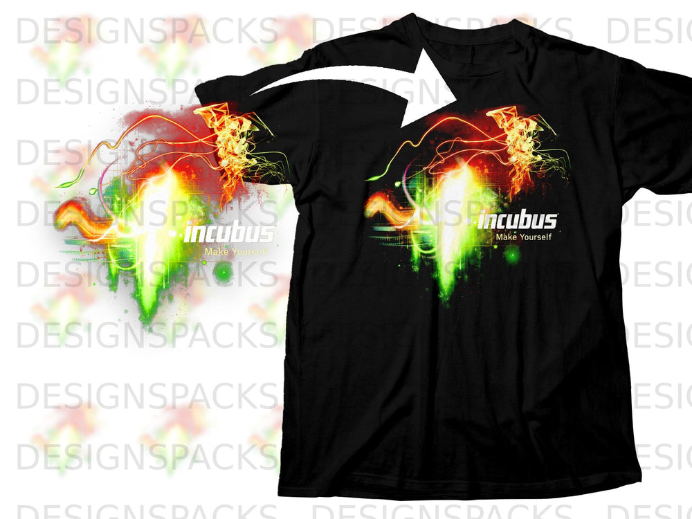Black t-shirt with Incubus "Make Yourself" album art featuring abstract green and red fiery graphics.