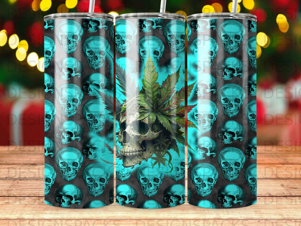 Dark tumbler with repeating pattern of teal skulls and a marijuana leaf.