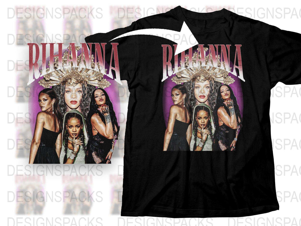 Rihanna Inspired Graphic T-Shirt, Pop Star Multiple Images, Black Tee, Music Fan Apparel
