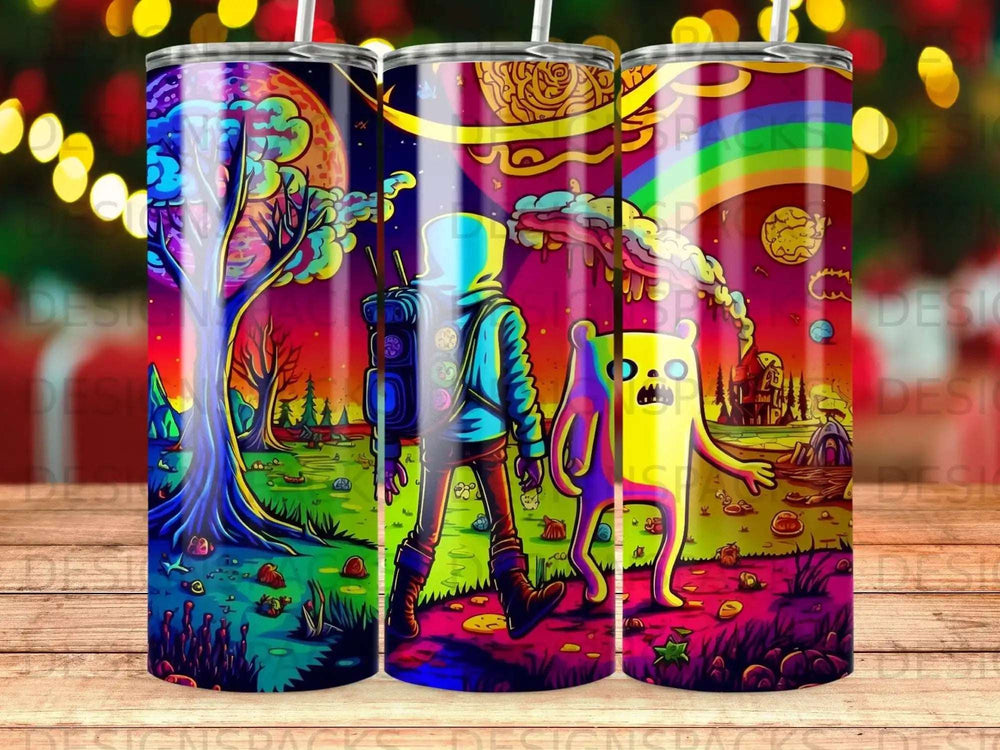 Finn and Jake walking through a colorful, psychedelic landscape.