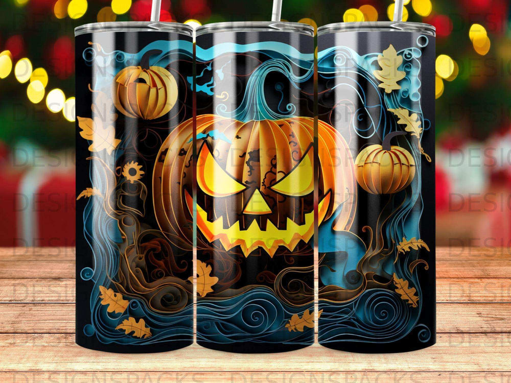 Halloween pumpkin with glowing eyes on a dark, swirly background.