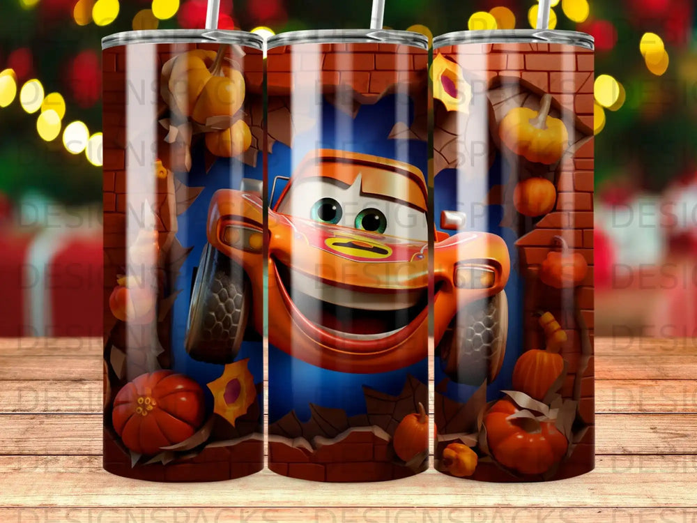 Lightning McQueen from Cars in a brick wall with pumpkins.