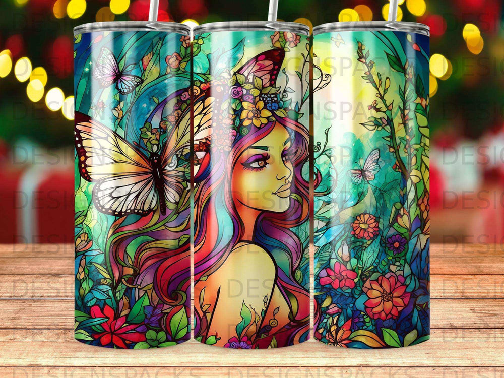 Fantasy woman with colorful hair and butterflies among lush foliage.