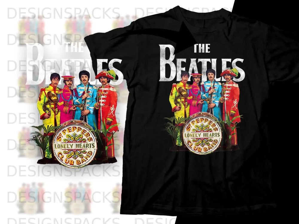 Beatles Sgt. Pepper's Lonely Hearts Club Band album cover on black t-shirt.