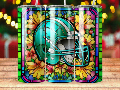 Teal football helmet with stained glass flowers and border.