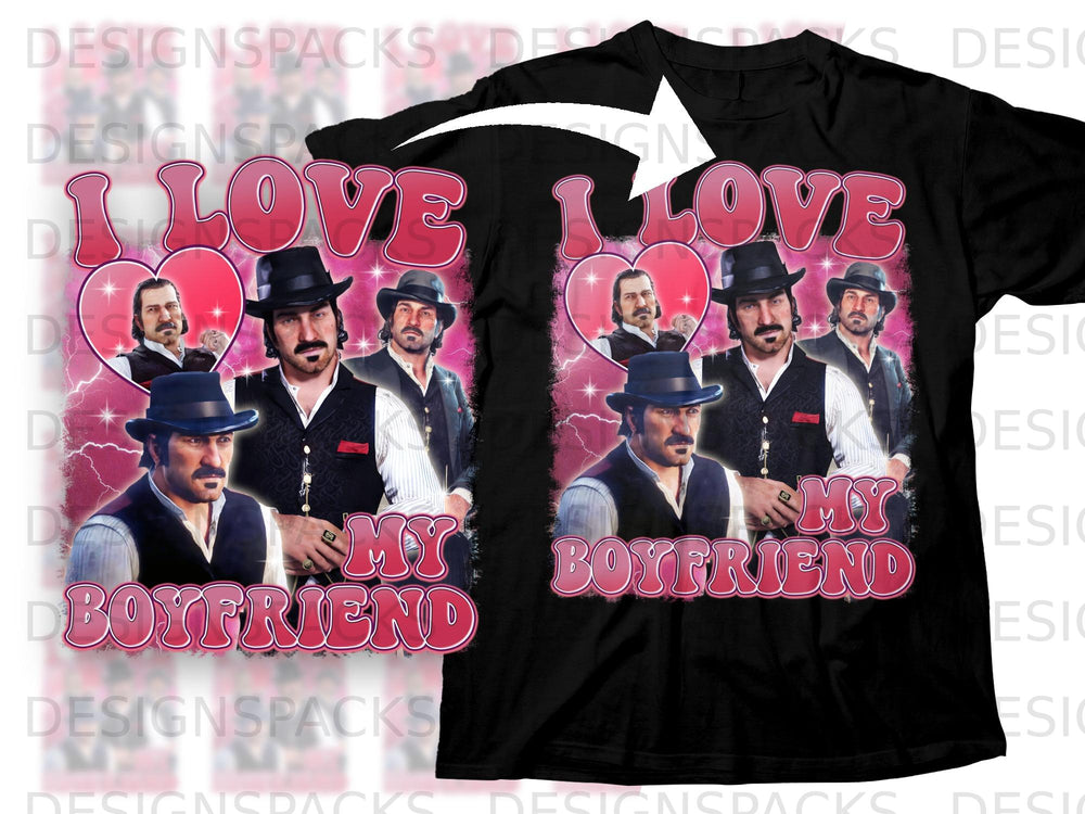 Black t-shirt with "I Love My Boyfriend" text and distressed graphics of men.