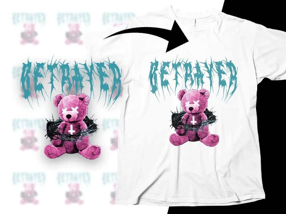 Pink teddy bear with X eyes, thorn crown, and 'BETRAYED' text on white t-shirt design