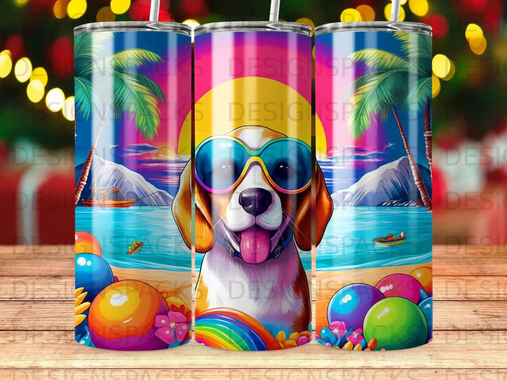 Beagle dog wearing sunglasses on beach with palm trees and colorful balls.