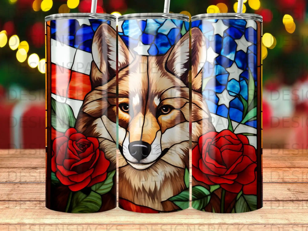 Coyote in stained glass with roses and American flag.