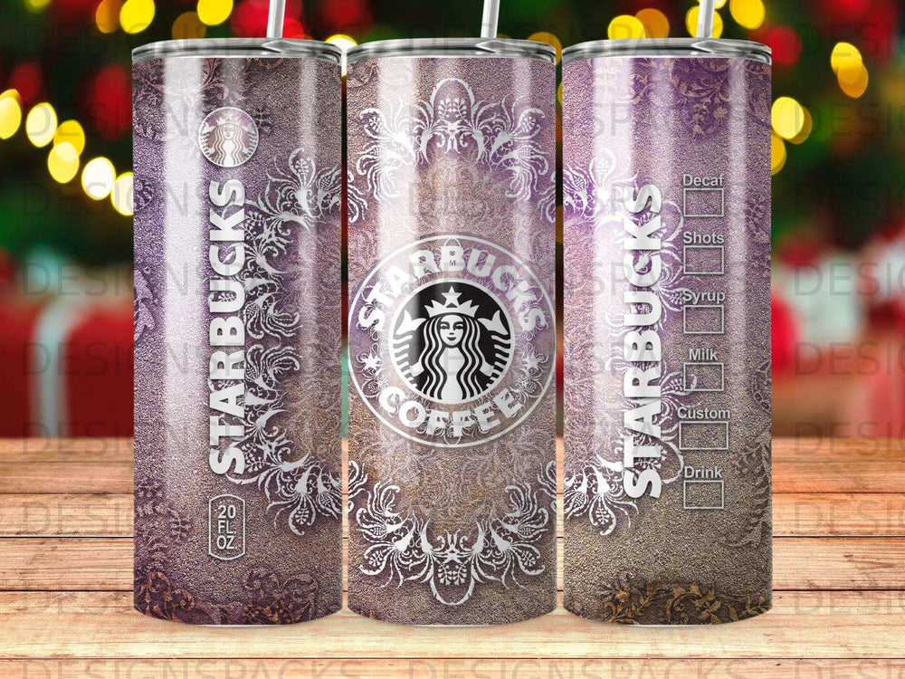Starbucks tumbler with coffee menu and ornate details.