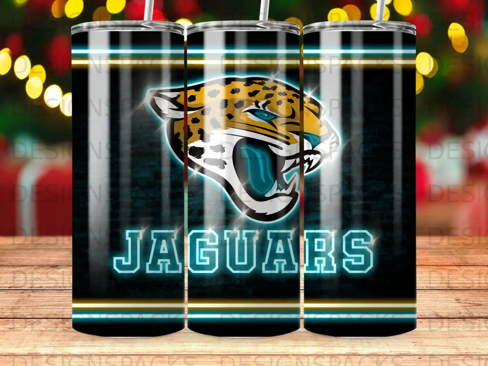 Jaguar logo with "JAGUARS" text on a black tumbler, blurred bokeh background.