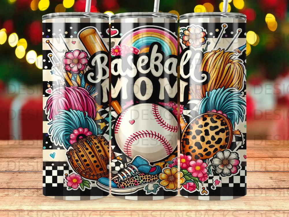Baseball Mom tumbler wrap with baseball, bat, glove, and rainbow.