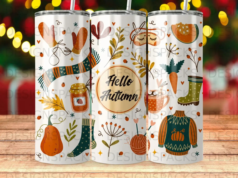 Autumn themed tumbler with "Hello Autumn" text and seasonal illustrations.