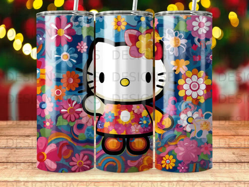 Hello Kitty in a floral dress surrounded by colorful flowers.