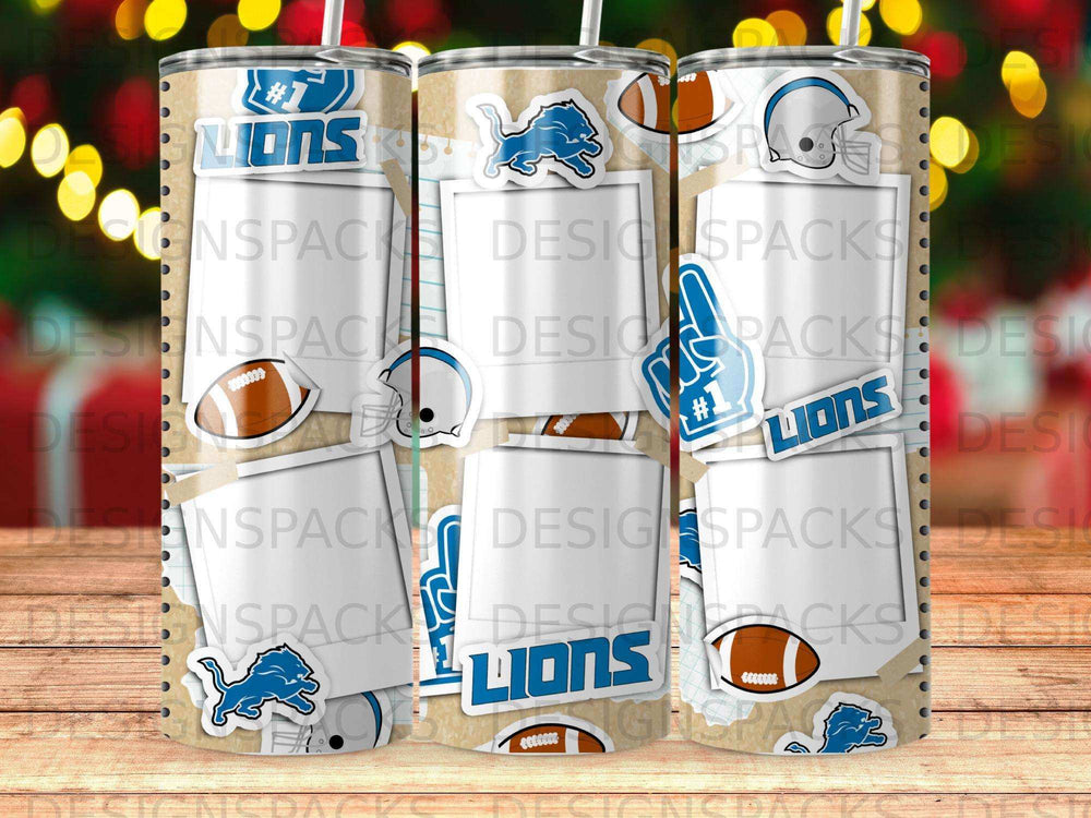 Tumbler with Detroit Lions logo, footballs, and blue accents.