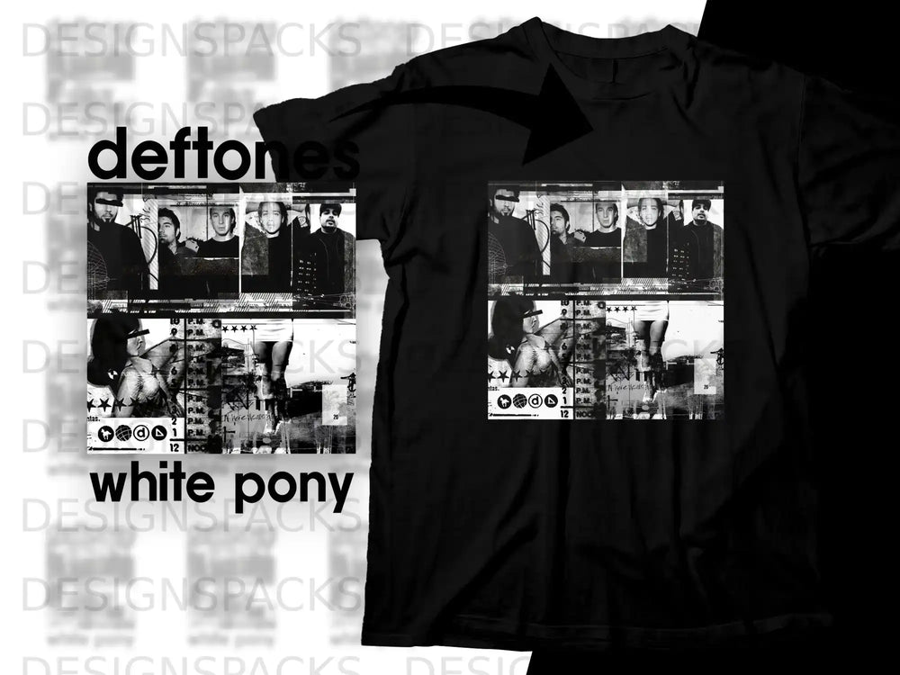 Black t-shirt with "deftones white pony" and collage of band members.