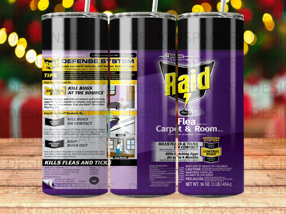 Raid Flea Killer Plus Carpet & Room Spray bottle showing product claims.
