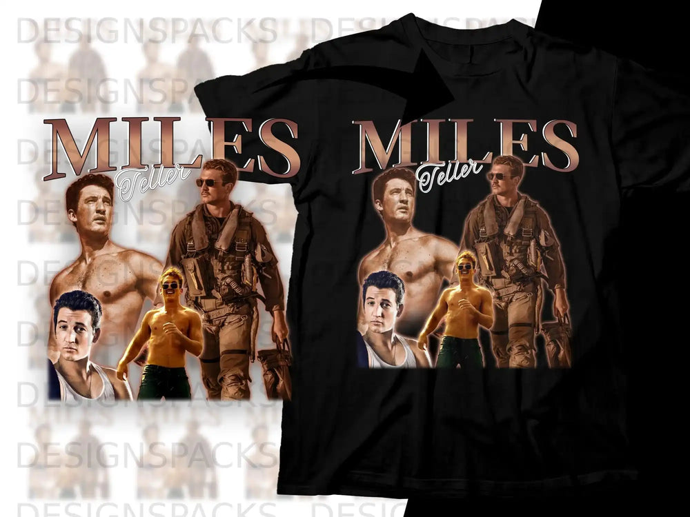 Miles Teller in a t-shirt with his portrait and the word "Miles".