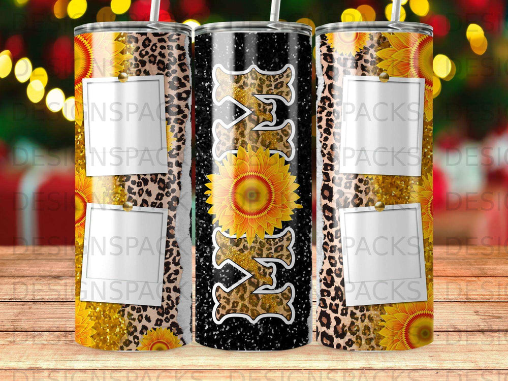 Three tumblers with sunflowers, leopard print, and Greek letters.
