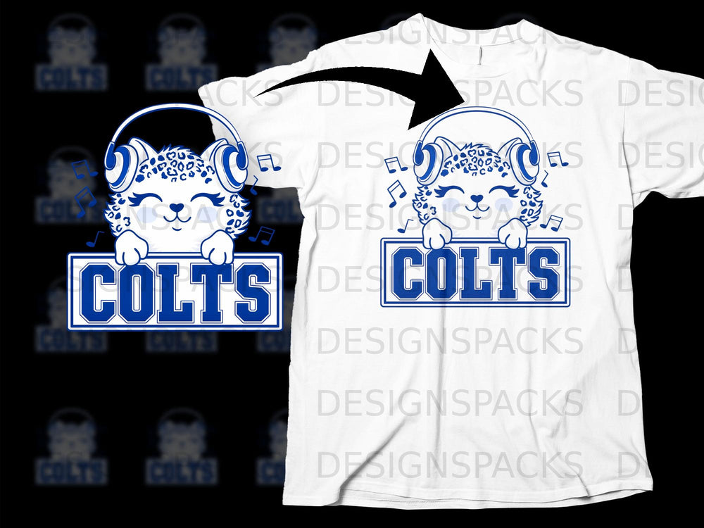 Colts leopard with headphones and music notes on a white t-shirt.