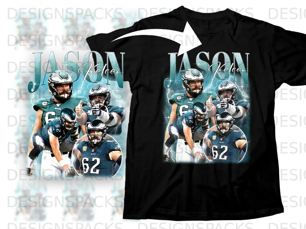 Philadelphia Eagles player Jason Kelce in a graphic tee design.