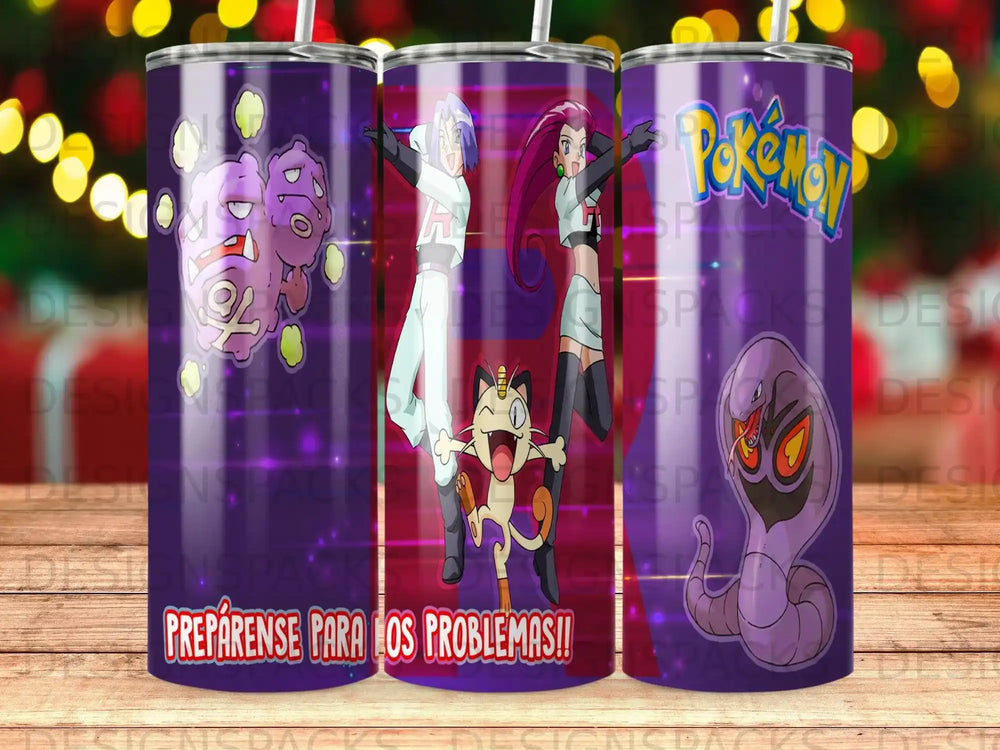 Pokémon characters Jessie, James, Meowth, Ekans, and Koffing with Spanish text.