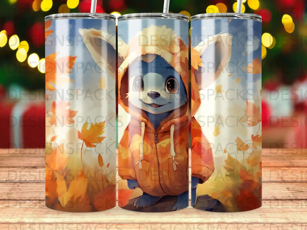 Cute cartoon fox in orange hoodie with falling leaves.