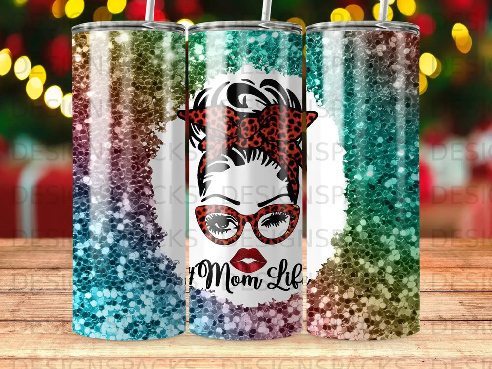 Mom Life tumbler with glitter and leopard print bow.