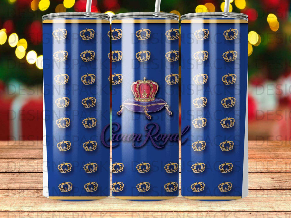 Crown Royal whiskey logo on a blue and gold patterned tumbler.