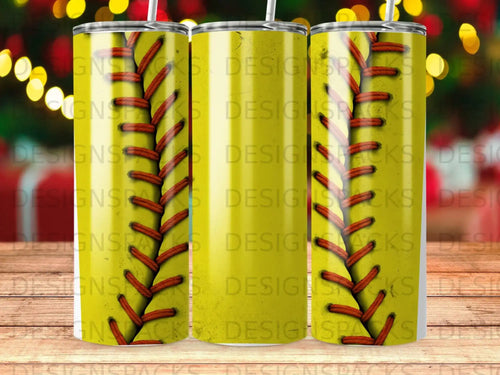 Yellow tumbler with red stitching pattern and 