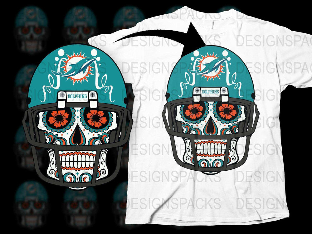 Miami Dolphins Inspired Sugar Skull T-Shirt, Turquoise Football Fan Tee, Unique Sports Apparel, Graphic Design Shirt