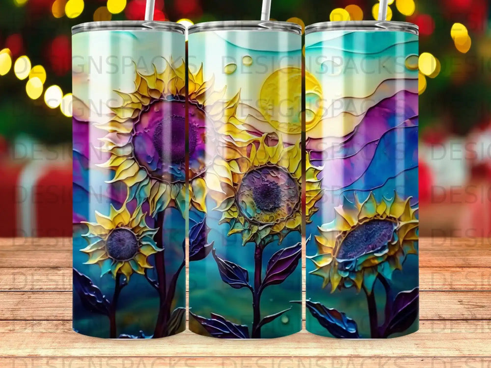 Three sunflowers with colorful, abstract backgrounds on tumblers.