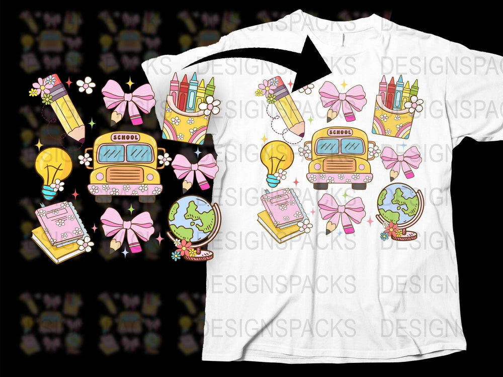 Colorful Back to School T-Shirt Design, Cute Cartoon School Supplies, Kids' Fashion Tee with Bright Graphics