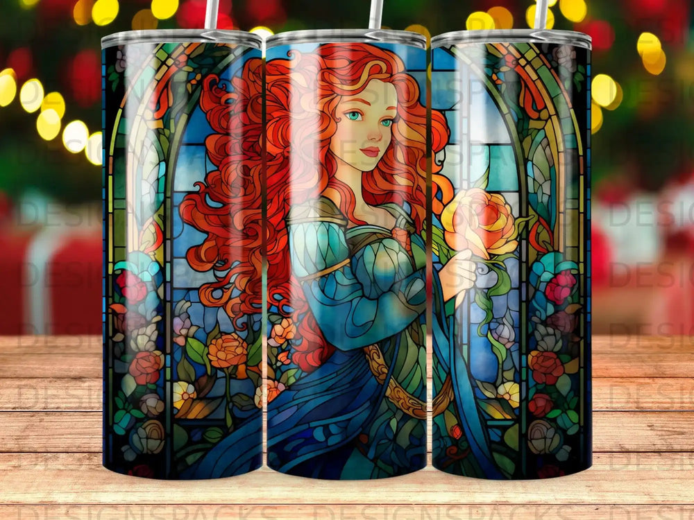 Merida with red hair holding a rose, surrounded by stained glass and floral patterns.